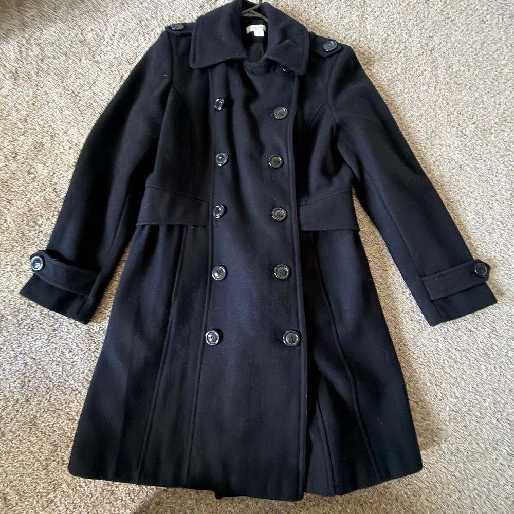 Black Wool Blend Double Breasted Pea Coat Jacket Size M Classic Preppy Military